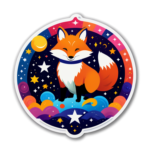 Design di Sticker di Volpe con Stelle e Simboli Zodiacali