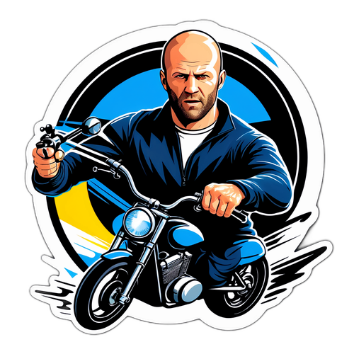 Actievolle sticker met Jason Statham op een motor