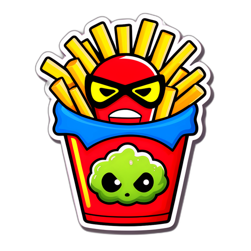 Witzige Aufkleber mit toxischen Pommes als Superhelden
