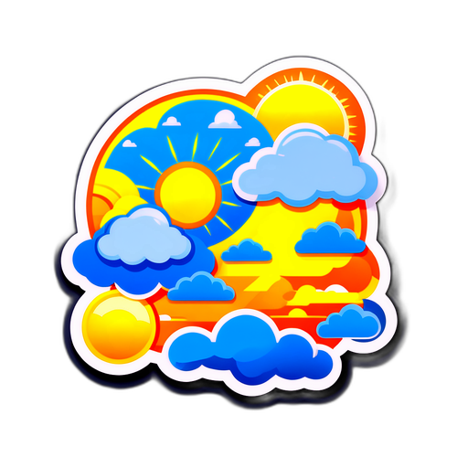 Nhãn dán thời tiết với bầu trời xanh, ánh nắng rực rỡ và nhiệt độ dễ chịu