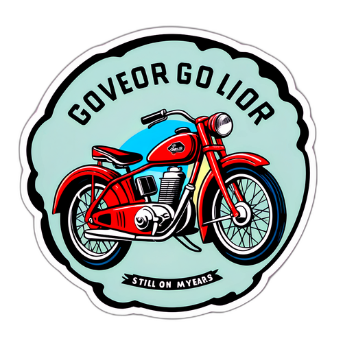 Sticker van een retro gouverneur fiets met 'Nog steeds aan de top na zoveel jaren!'