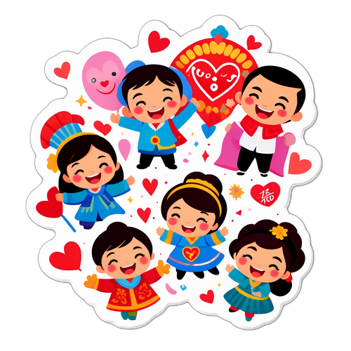 Наклейка с радостными персонажами, празднующими 19 февраля в стилях различных культур