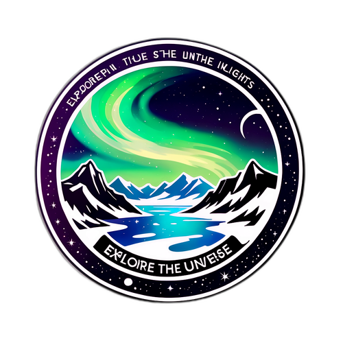 Стикер с изображением северного сияния и астрономическими элементами