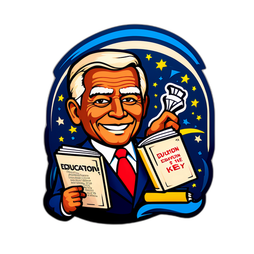 Stylizovaná postava prezidenta s knihou a poselstvím "Vzdělání je klíč!"