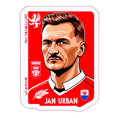 Stylizowany portret Jana Urbana z motywami piłki nożnej i hasłem "Duma Narodu"