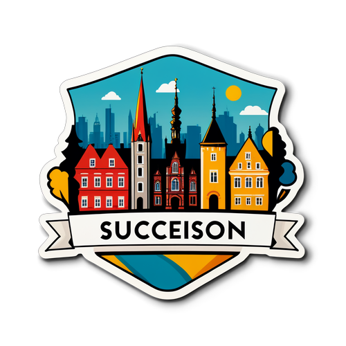 Sticker promujący Succession Łódź z motywami urbanistycznymi i artystycznymi