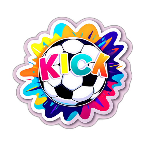 Kreslená nálepka fotbalového míče s nápisem 'Kick'