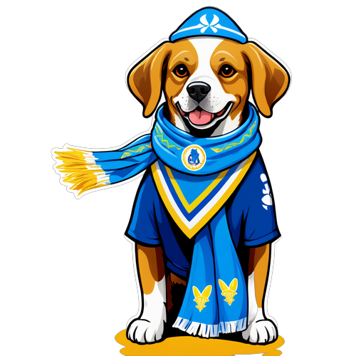 Perro vestido de hincha de Millonarios con bufanda azul y amarilla