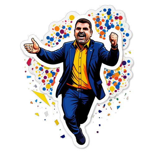 Karikatur av Ange Postecoglou Feirende et Mål