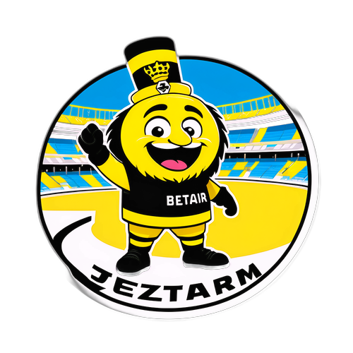 מדבקת מסכה ידידותית של המזכיר של בית"ר ירושלים בעמידה cheering לפני אצטדיון מלא בקהל