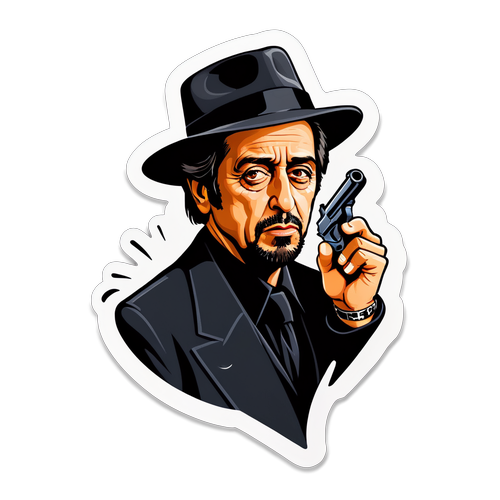 Sticker Ikonik Al Pacino: Gaya Sinematik dengan Topi Fedora dan Senapang Merokok!