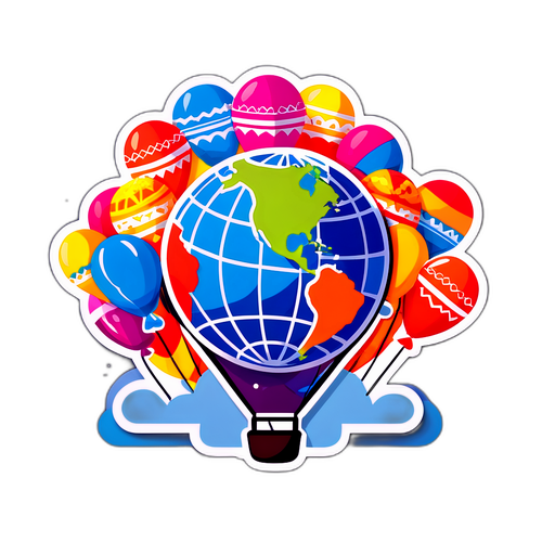 Наклейка подорожей з глобусом і повітряними кулями в етнічному стилі