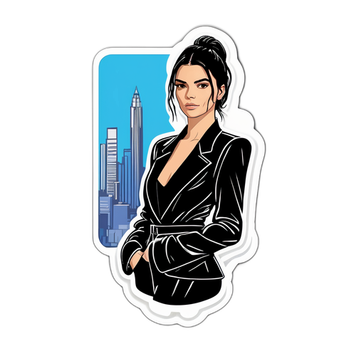 Современная наклейка с Кендалл Дженнер в стильном наряде на фоне модного города