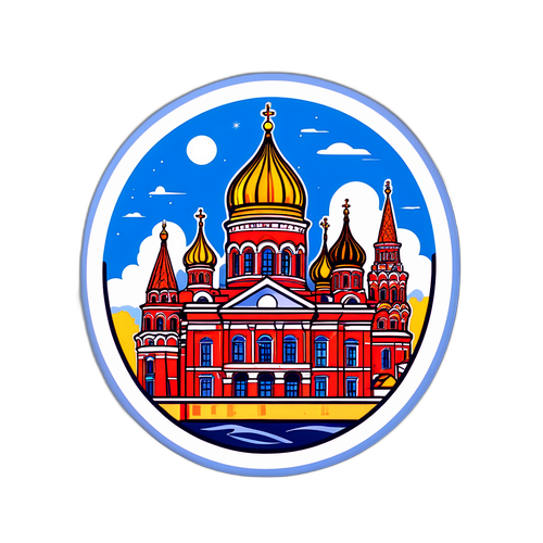 Новомосковск: наклейка с иконными зданиями и ясным небом