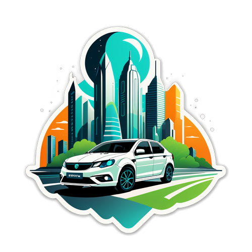 Ilustrasi Proton Emas dalam Landskap Kota Futuristik