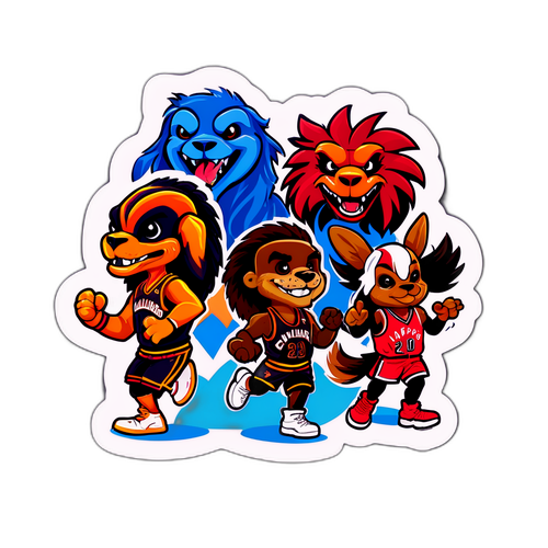 Autocollant des Cavaliers et des Raptors avec leurs mascottes dansant sur le terrain