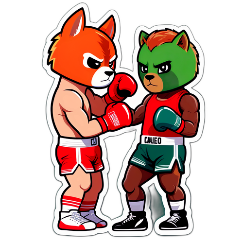 En sød dyremaskot, der repræsenterer Canelo og Crawford i en legesyg boksekamp