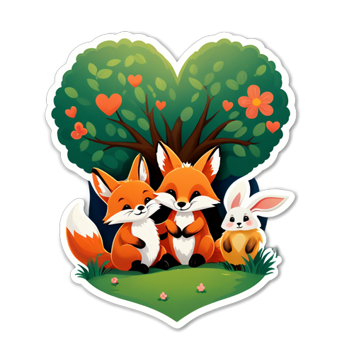 Cute Fox and Rabbit Under a Heart-Shaped Tree