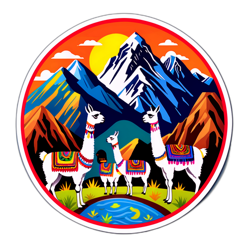 Piękna naklejka gór Andów w Peru z lamami i elementami lokalnej kultury