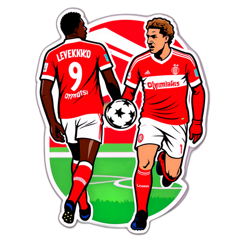Sticker mô tả trận đấu giữa Olympiakos và Leverkusen, với các cầu thủ nổi bật.