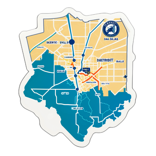 Стикер с картой Детройта и Далласа, подчеркивающий ключевые моменты матча для болельщиков