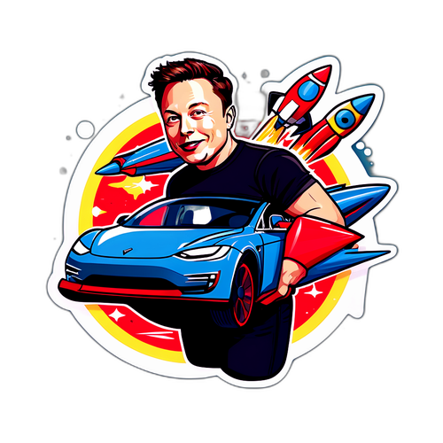 Sticker Dinamik Elon Musk dengan Roket dan Kereta Elektrik