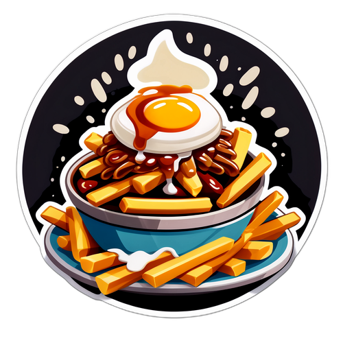 Herkkullinen poutine-tarra kahvilatunnelmalla