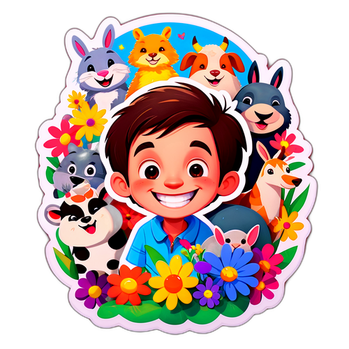 Billy Vigar karakter barátságos állatokkal és színes virágokkal