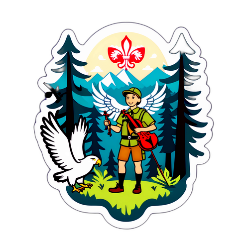 Ein Aufkleber mit einem stilisierten Scout im polnischen Wald