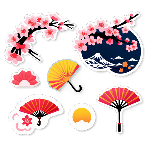 日本元素系列貼紙：櫻花、雨傘和和服