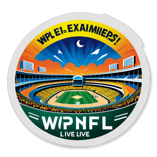 महिलाओं के क्रिकेट को मनाने के लिए 'WPL लाइव! रोमांच से जुड़ें!' के शब्दों के साथ भरे दर्शकों वाला क्रिकेट स्टेडियम