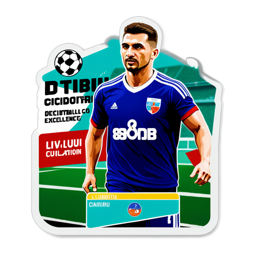 Sticker cu Liviu Ciobotariu pe un fond de teren de fotbal