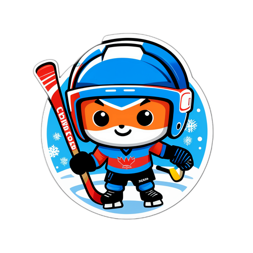 Cartoon Mascotte van de Winterspelen 2026 die ijshockey speelt