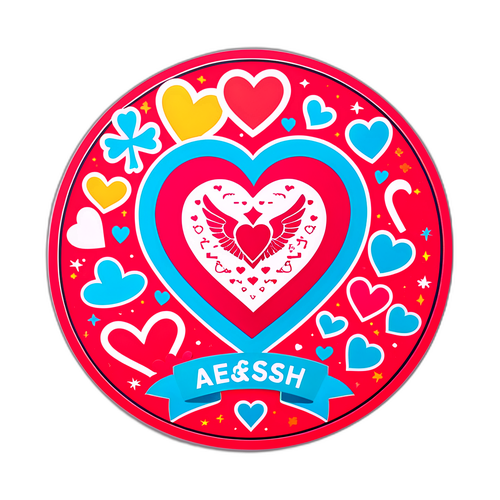 Autocollant avec le logo AESH, entouré de cœurs et de symboles de soutien