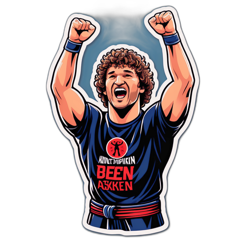 Een sticker van Ben Askren die triomfantelijk zijn handen in de lucht steekt in een ring