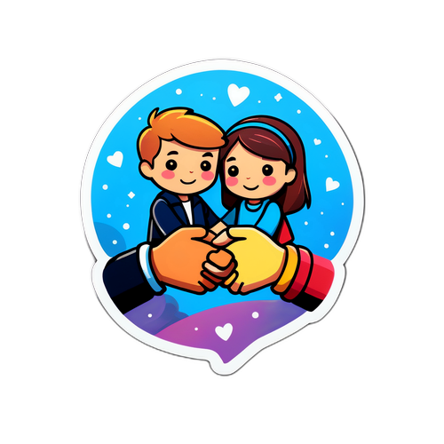 우정의 상징으로 손을 잡고 있는 캐릭터들