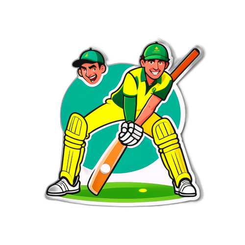 Un divertente adesivo cartoon di una partita di cricket tra un giocatore australiano e uno inglese
