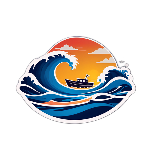 海に浮かぶ小舟と波の動きのデザイン