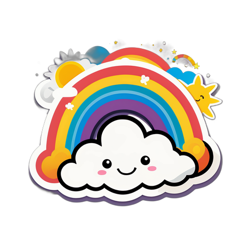 En søt, illustrert regnbue med smilende skyer og sollys