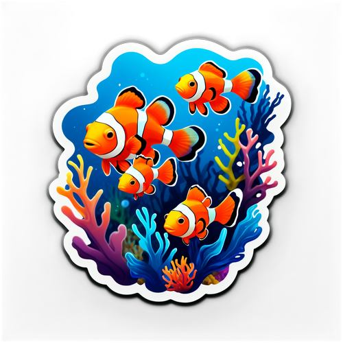 深海世界珊瑚礁与小丑鱼贴纸