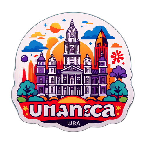 Sticker de UBA con edificios icónicos y estudiantes colaborando