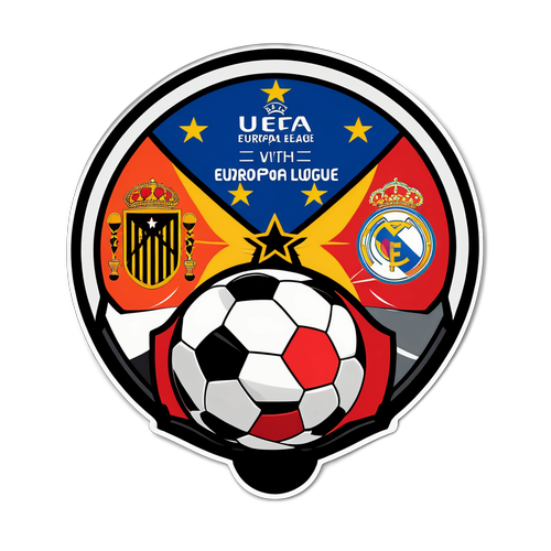 Een sticker met het UEFA Europa League logo en voetballen in actie, met de tekst 'De Strijd om de Europa League!'