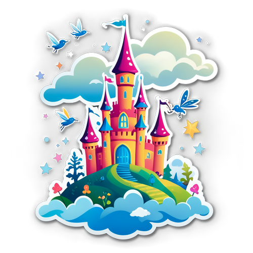 Whimsical Fairy Tale Landscape with Castle and Magical Creatures