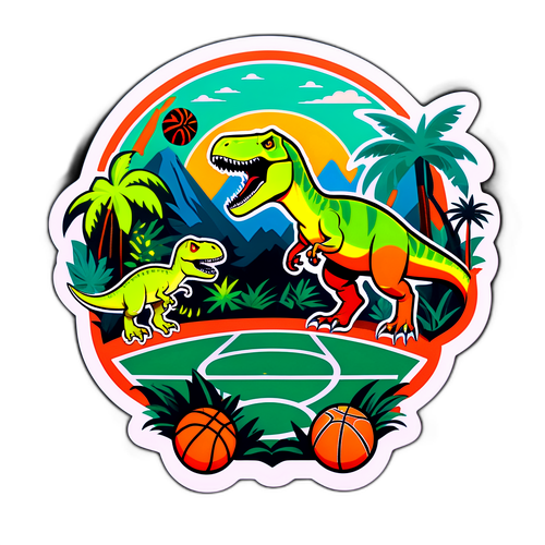 Sticker ng Korteng Basketbol sa Jungle na May Dinosaurs