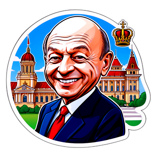 Caricatură a lui Traian Băsescu cu zâmbet fermecător