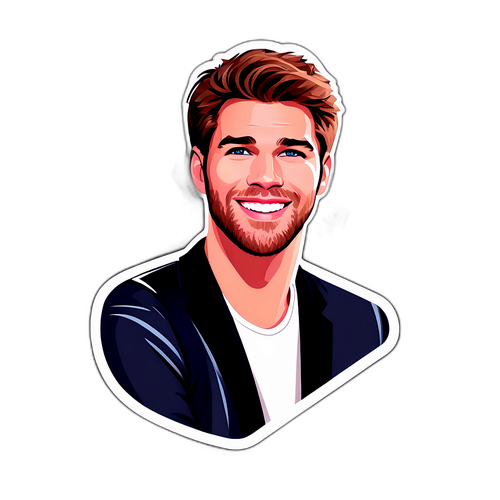 Ilustrace nálepky s Liamem Hemsworthem a okouzlujícím úsměvem