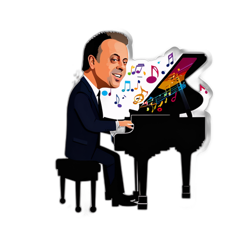 Kleurrijke karikatuur van Billy Joel aan een vleugel