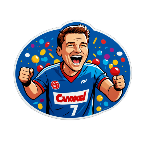 Comic-sticker van Karl Meesters viert overwinning