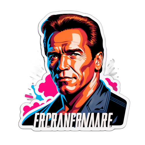 Stylisierte Aufkleber von Arnold Schwarzenegger im nostalgischen 80er-Stil