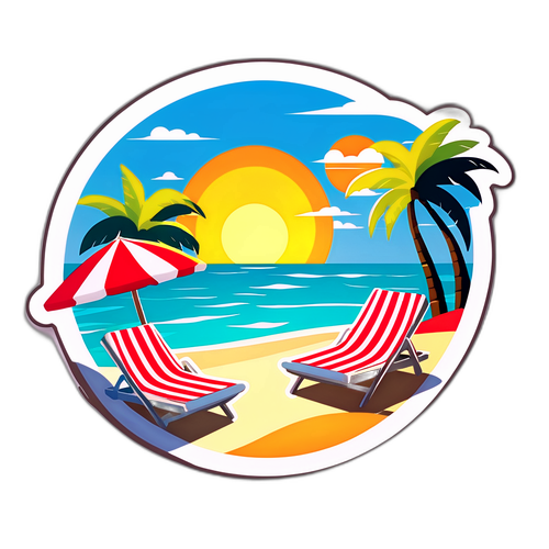 Farbiger Aufkleber von Amity Island mit einem schönen Strand und Liegestühlen